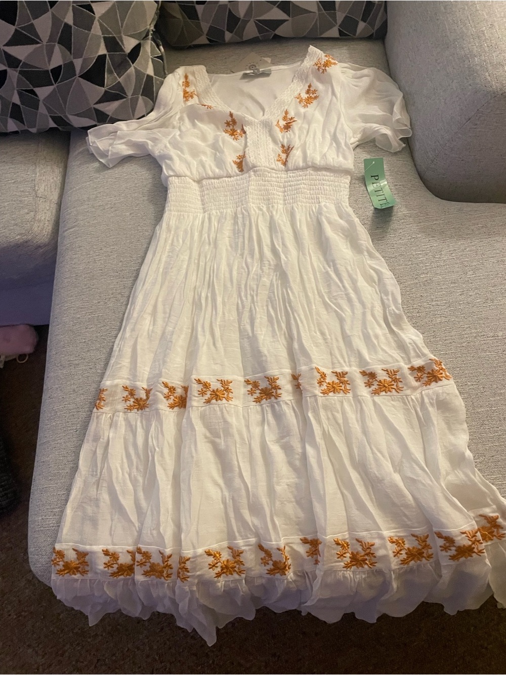 White Embroidered Boho Dress with Orange Floral Accents